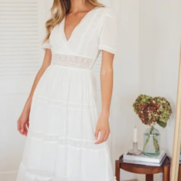 Lulu's Folklore White Swiss Dot Lace Tiered Midi Dress - Picture 1 of 4